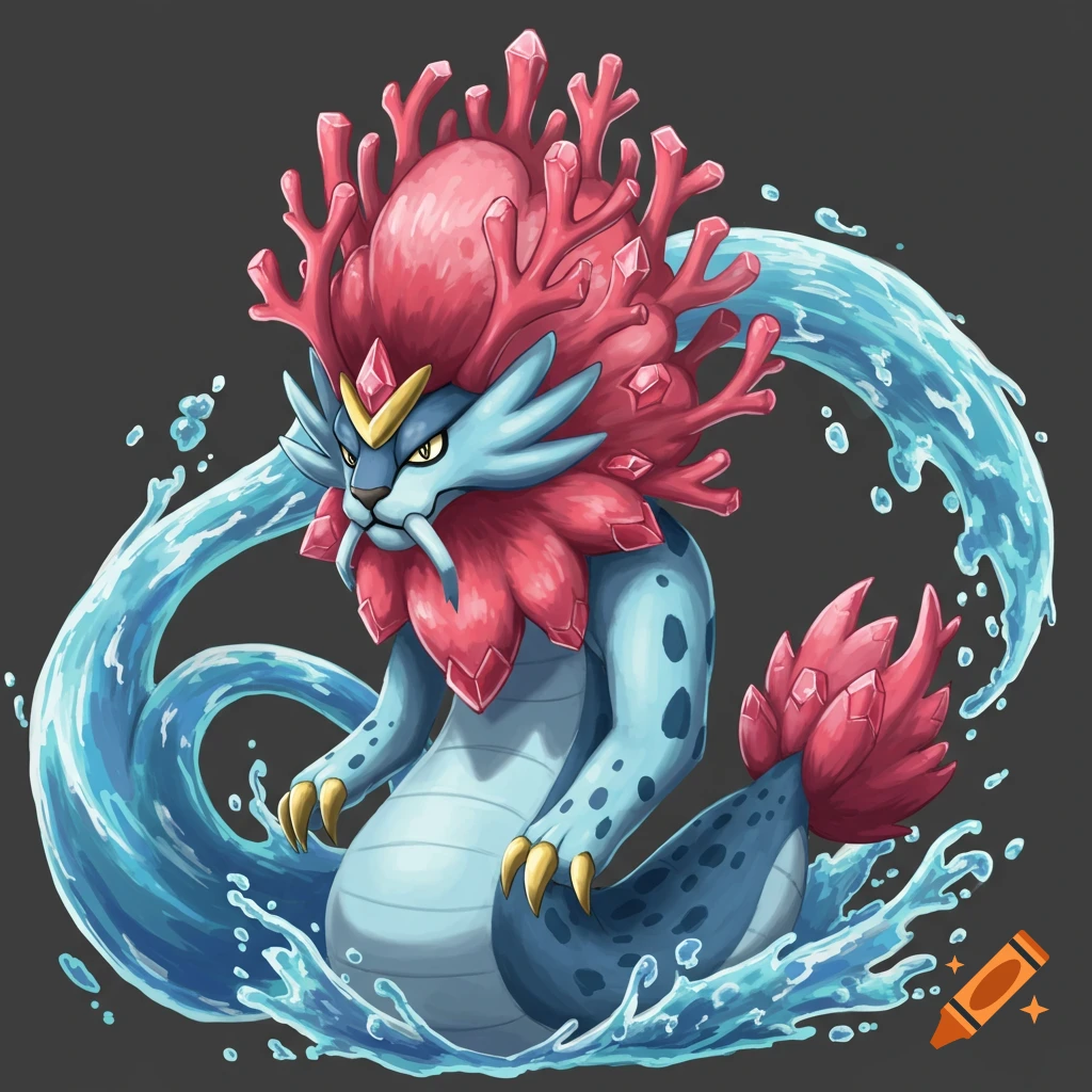 A blue and red creature with coral mane and tail, surrounded by water splashes, digital art.