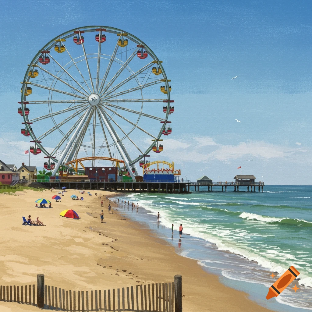 A large Ferris wheel stands next to a beach and boardwalk, populated with people.