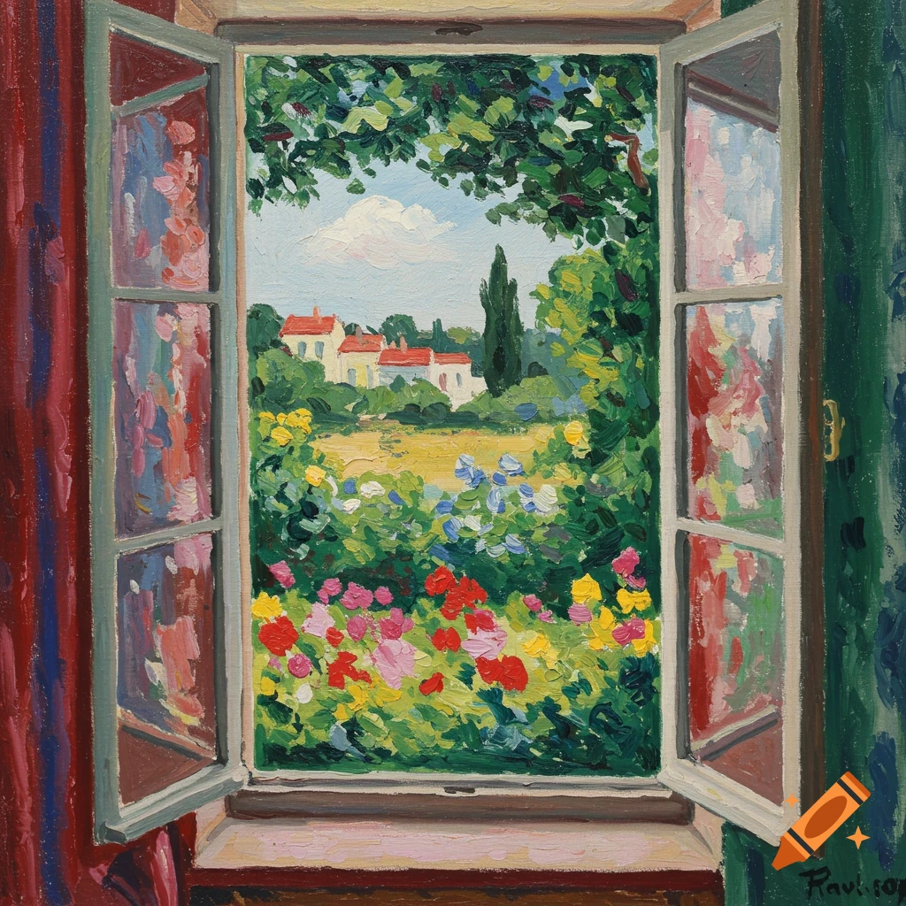 Fauvist painting of a colorful garden landscape viewed through an open window with red and green curtains.