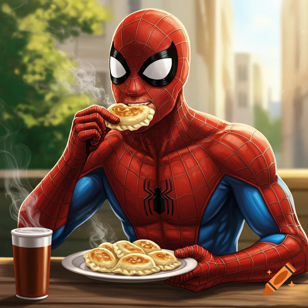 Spider-Man eating pierogi at an outdoor table.