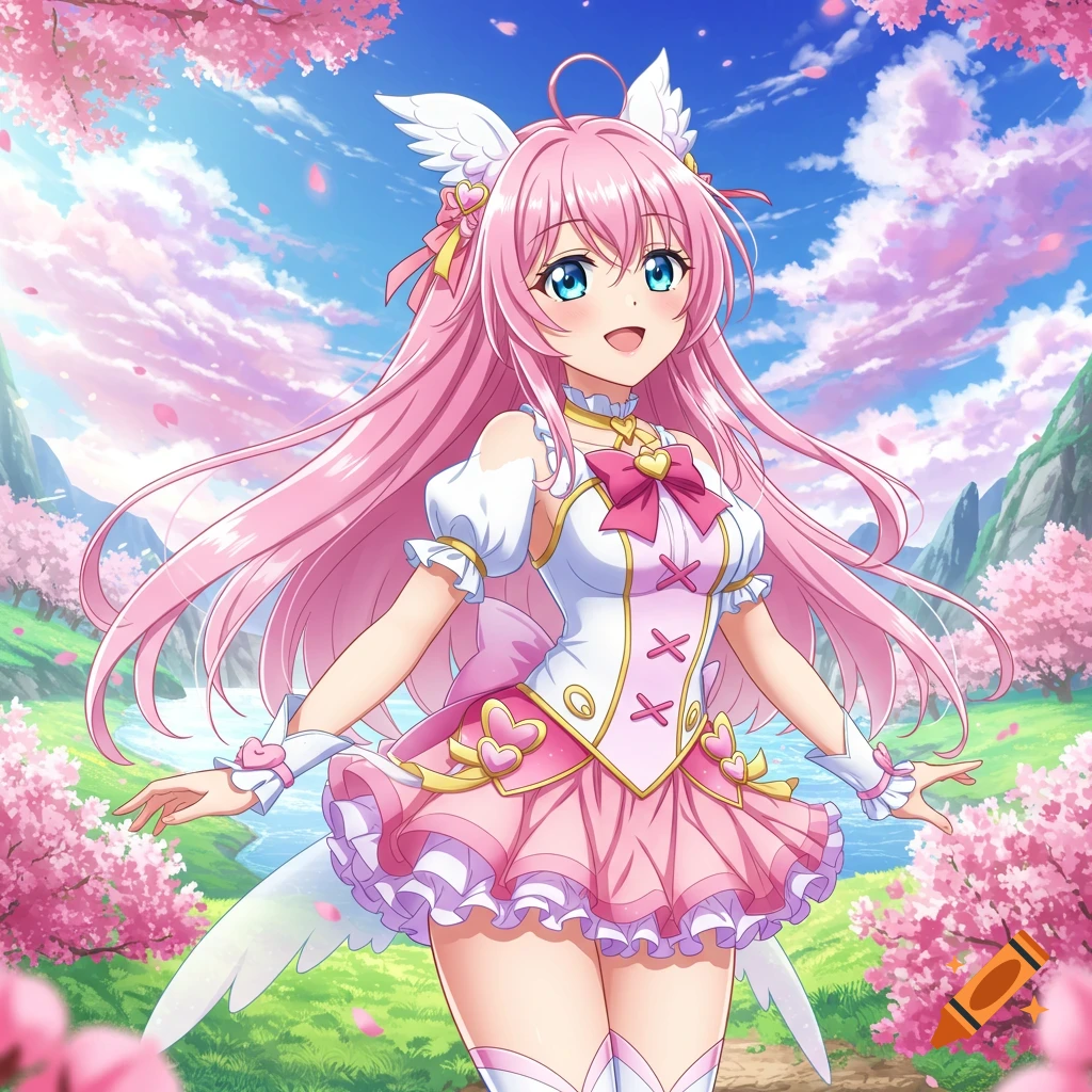 Anime girl with pink hair and wings in a field of cherry blossoms