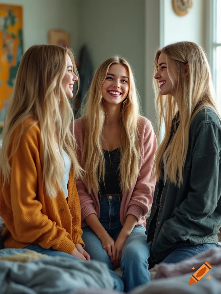 Three young blonde women sit together, talking and laughing.