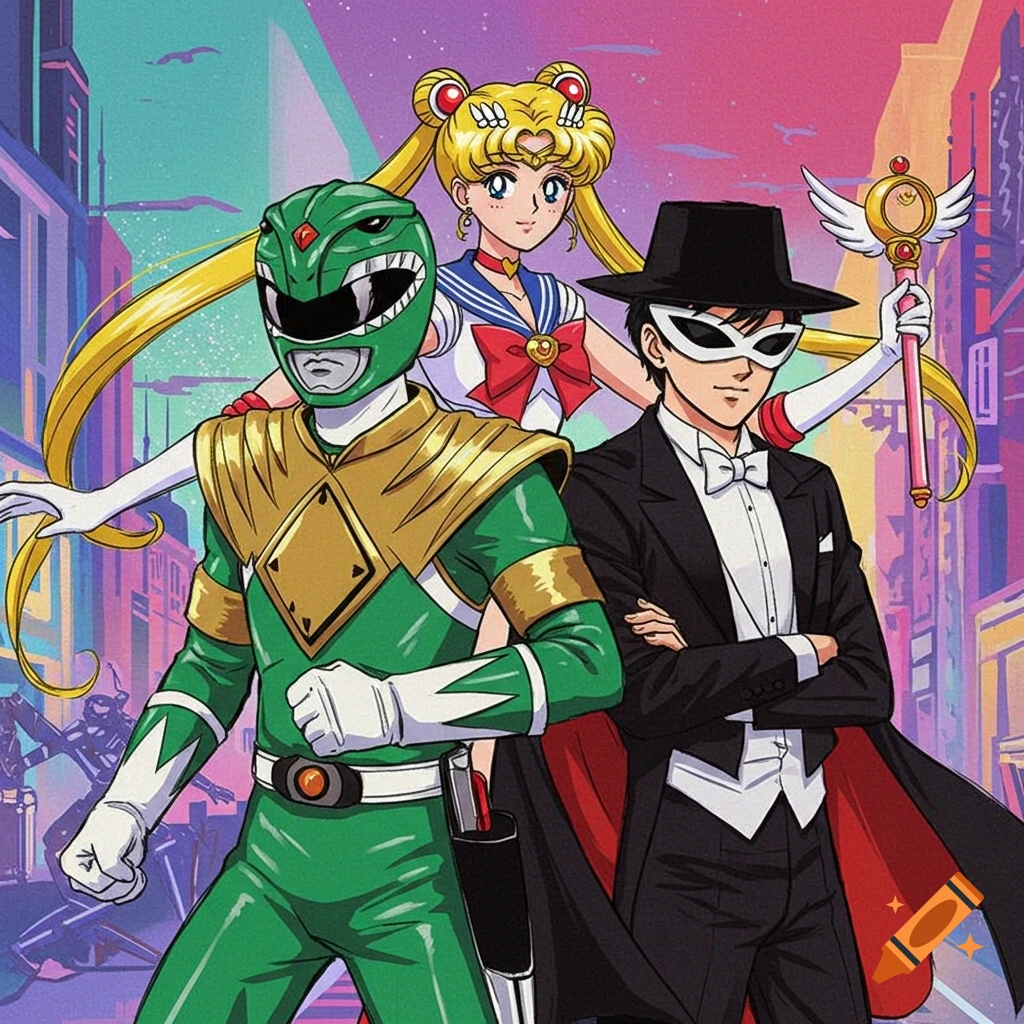 Green Power Ranger, Tuxedo Mask, and Sailor Moon in a cityscape.
