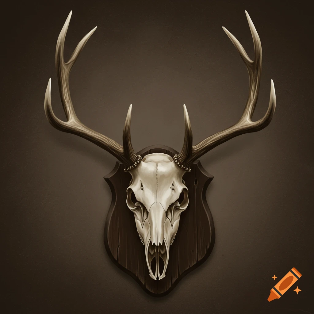 A deer skull with antlers mounted on a wooden plaque