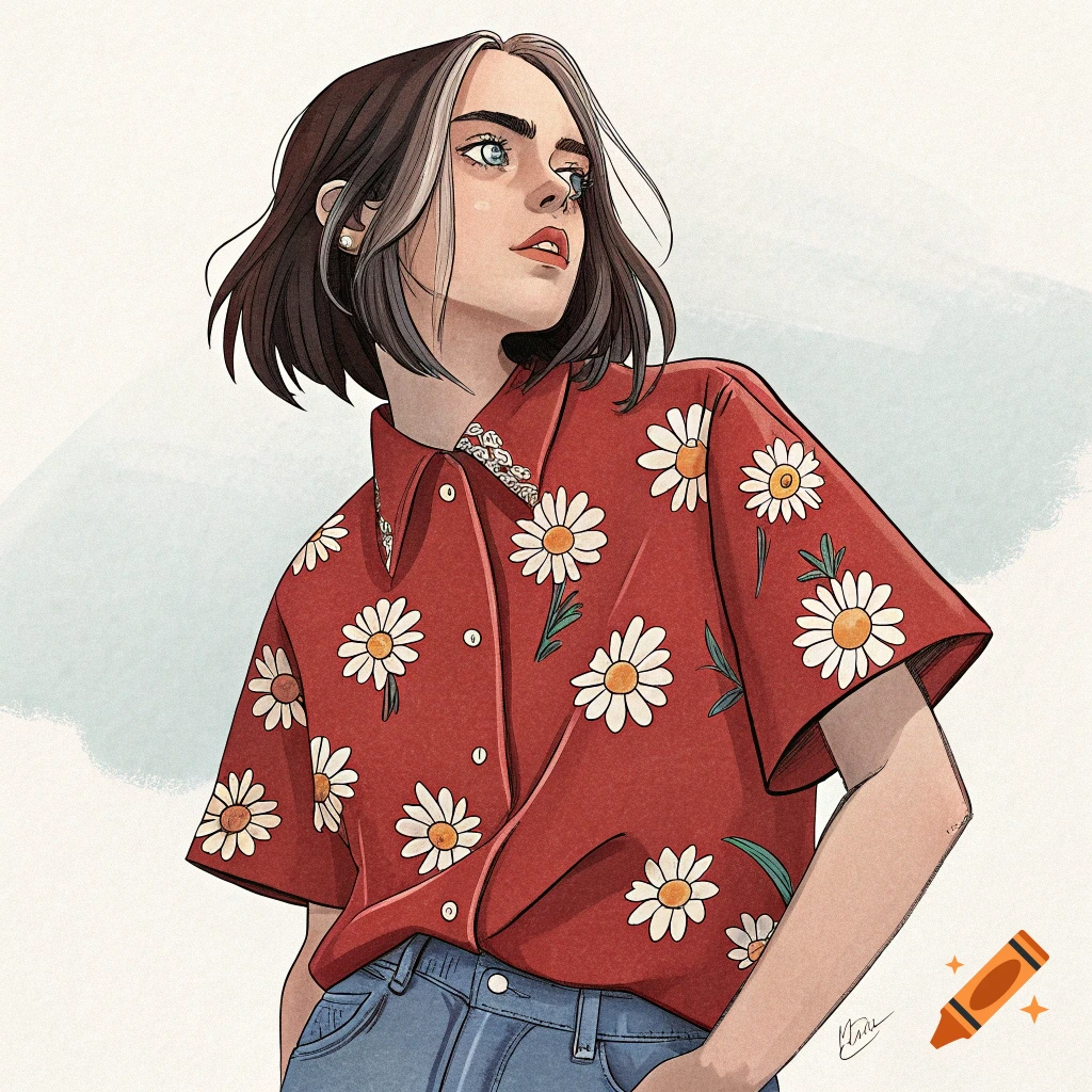 Stylized illustration of a woman in a red daisy shirt and blue jeans.