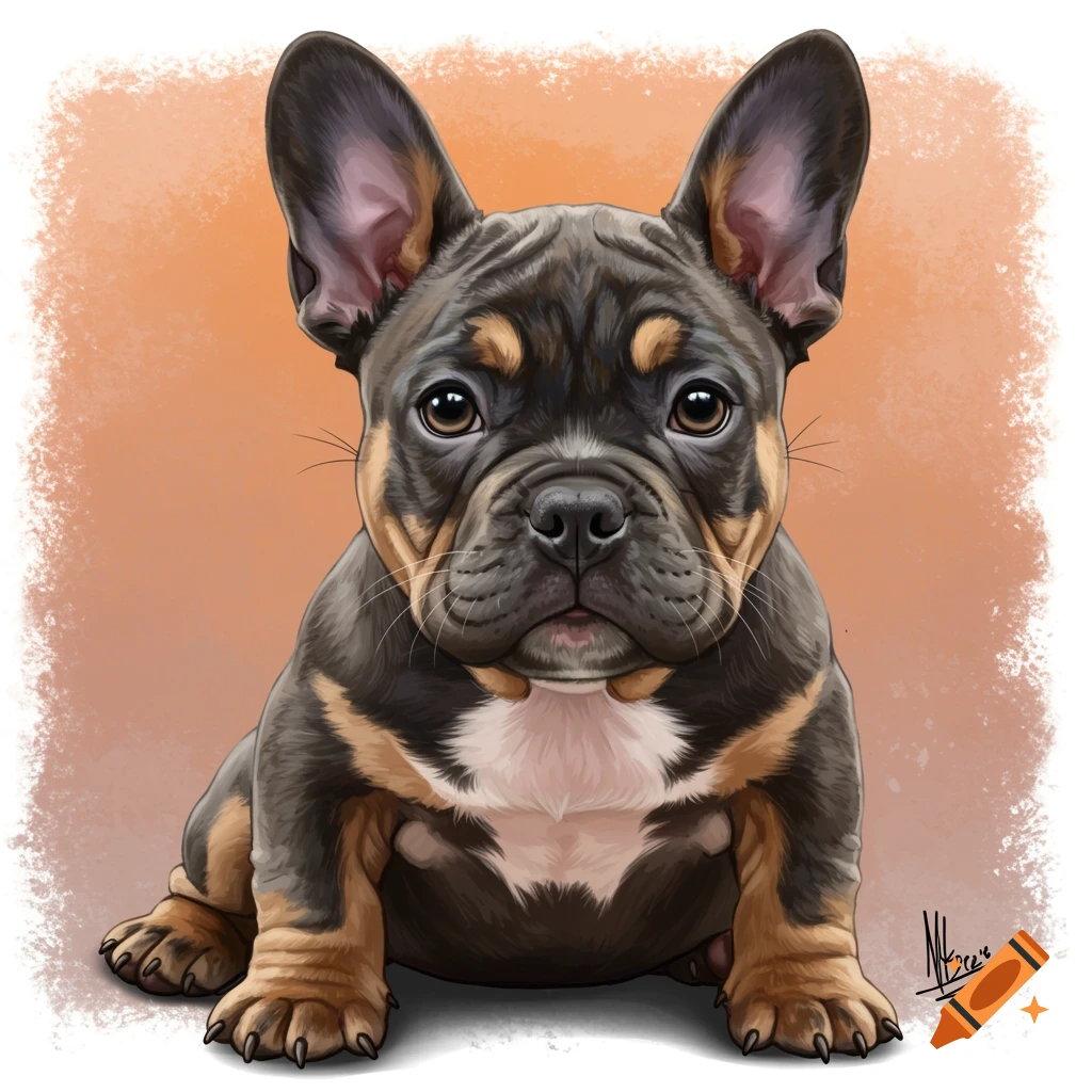 A French Bulldog puppy with black and tan fur sitting against an orange background.