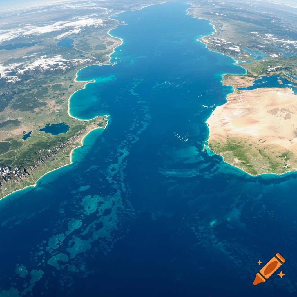 Realistic aerial view of the Strait of Gibraltar separating two continents.