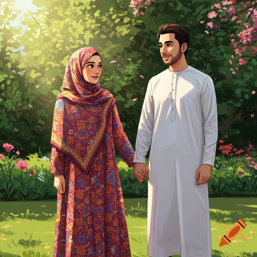 A Muslim couple holding hands in a sunny garden.