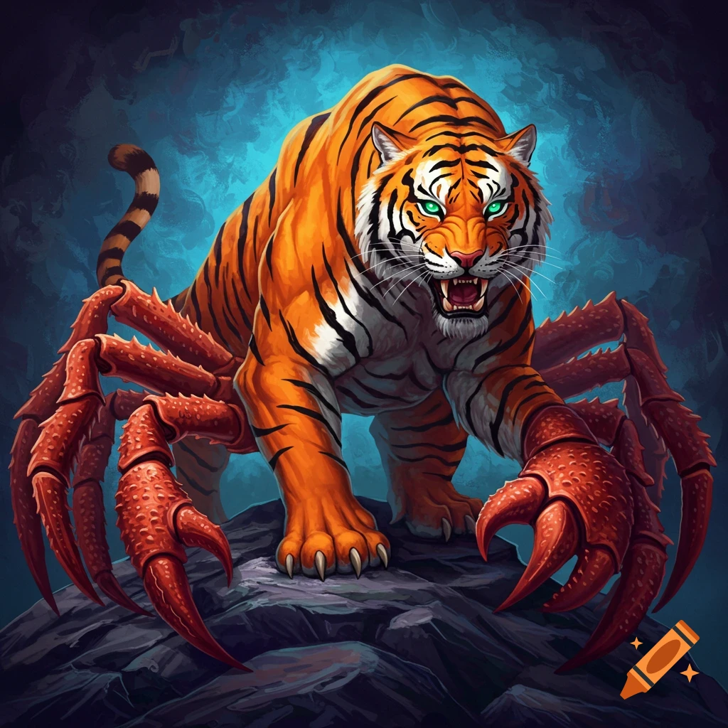 A tiger creature with crab legs stands on rocks.