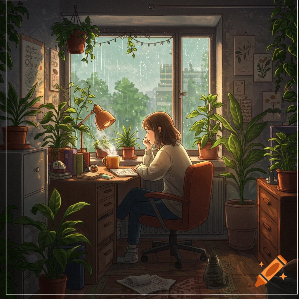 Anime-style image of a girl studying at a desk in a cozy, plant-filled room as rain falls outside, with a cat nearby.