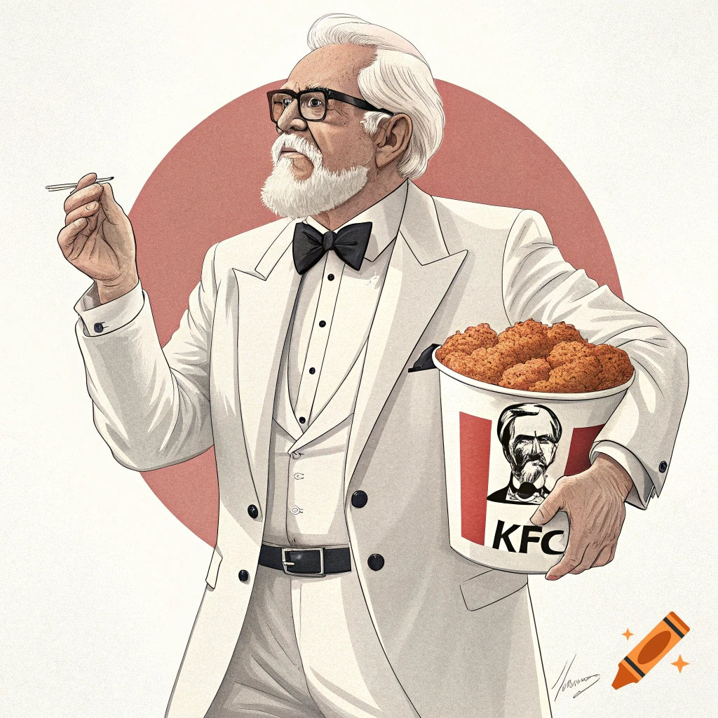 Illustration of Donald Trump depicted as Colonel Sanders holding a bucket of fried chicken.
