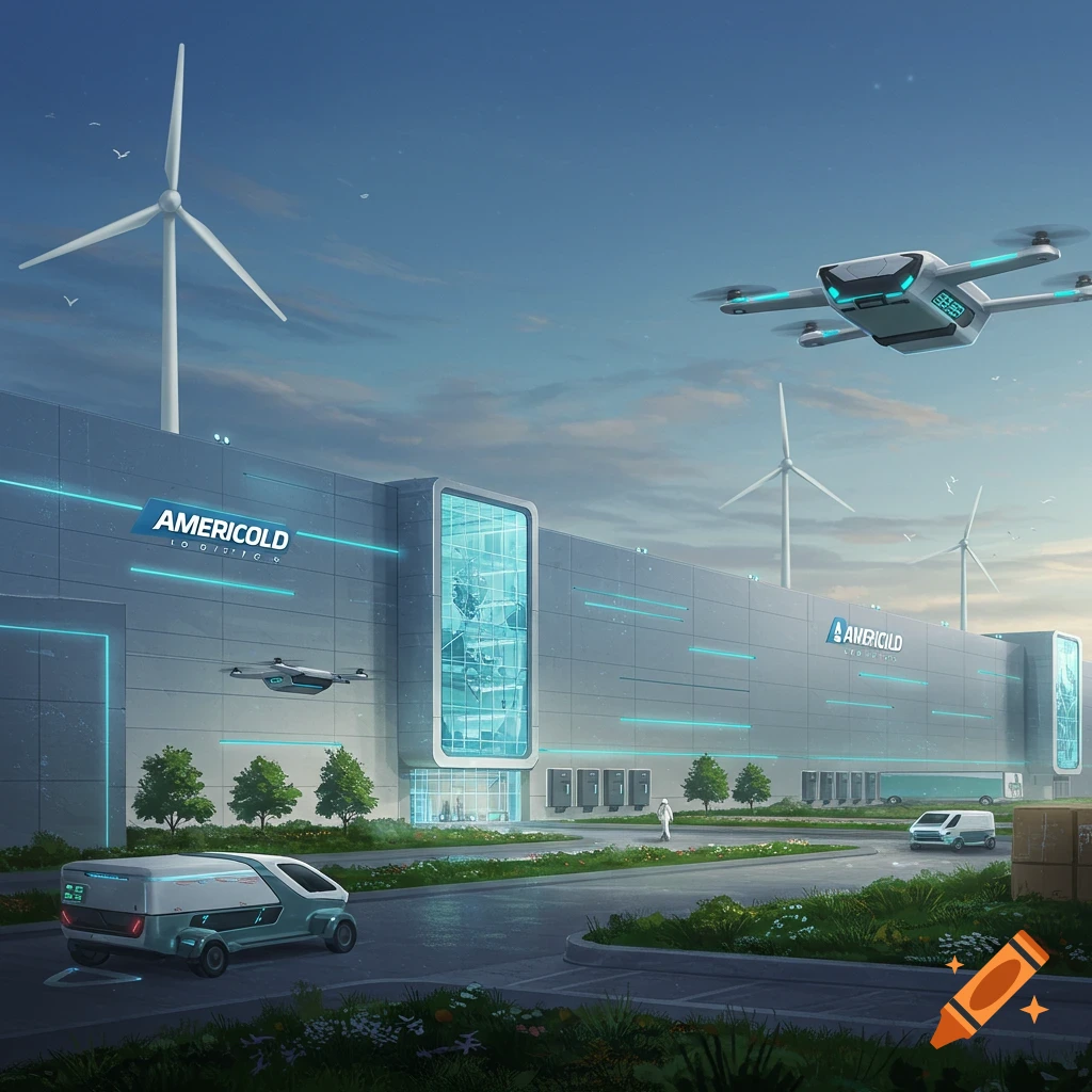 Futuristic rendering of an Americold logistics building with drones, trucks, and windmills.