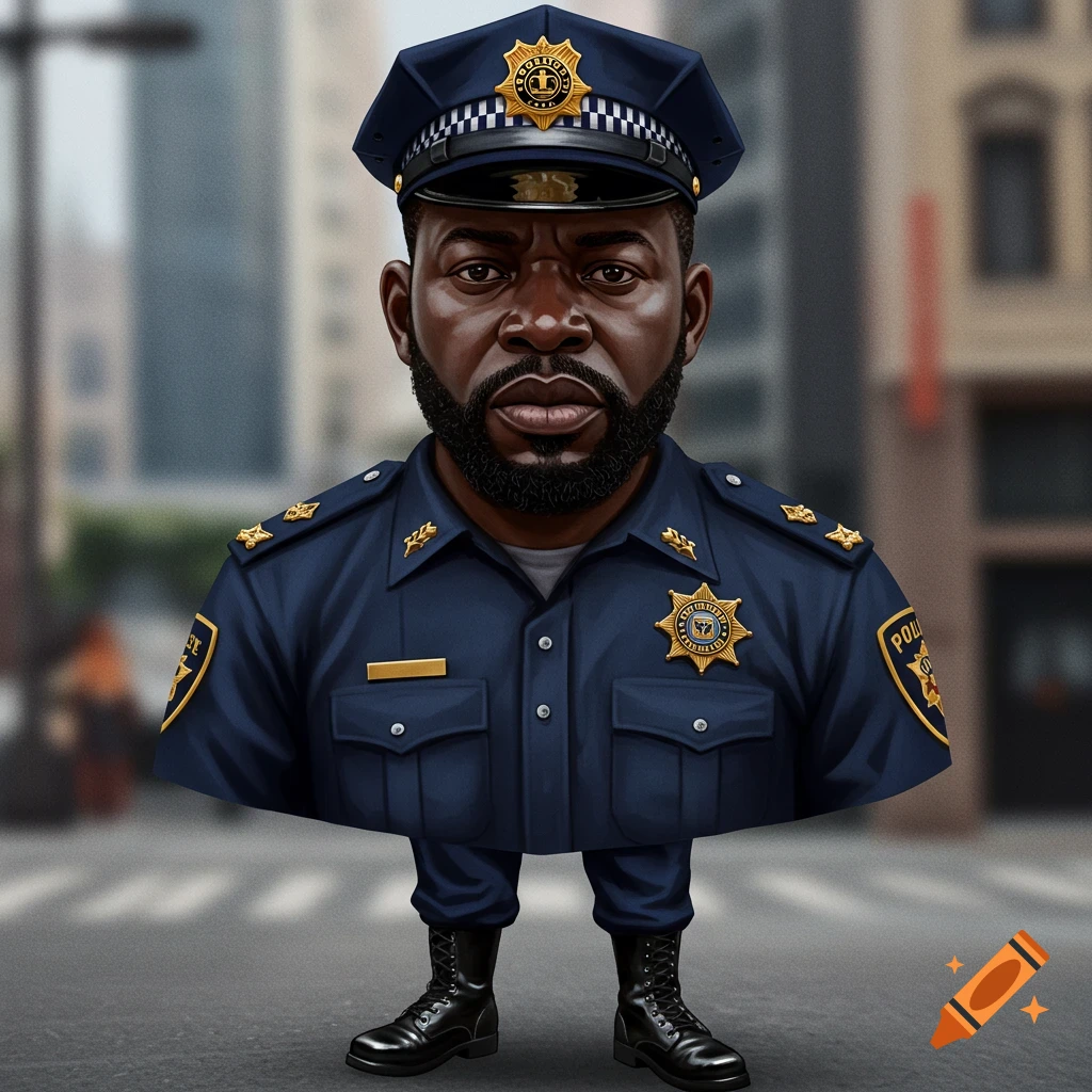 A cartoonish police officer in uniform standing on a city street.