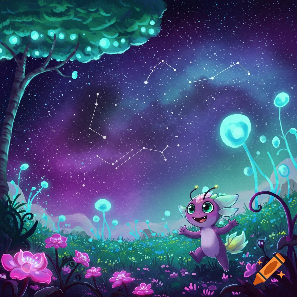 A whimsical cute purple monster in a glowing fantasy landscape under a starry night sky with constellations.