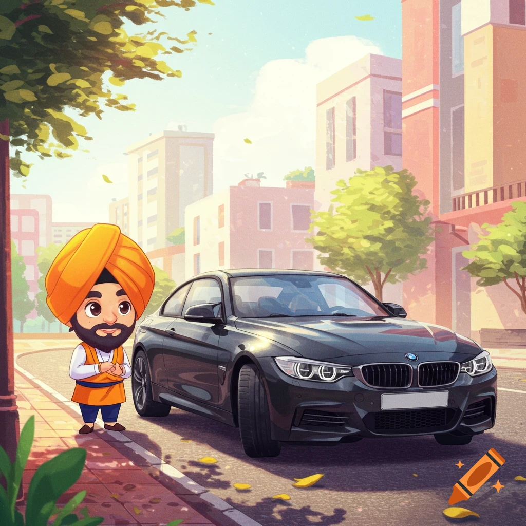 Cartoon Sikh man stands beside a black BMW car on a city street.