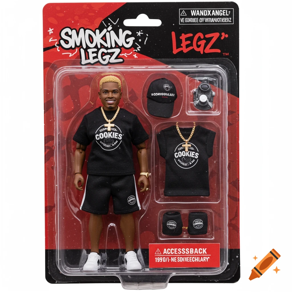 An action figure of a Black man in a black shirt and shorts inside blister packaging with accessories.