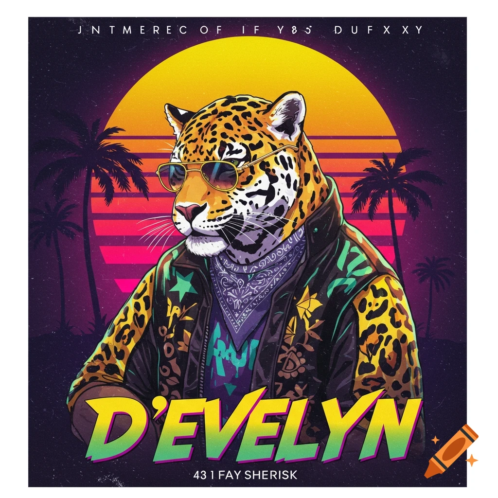 A jaguar in a 90s style jacket and sunglasses, with palm trees and a sunset background.