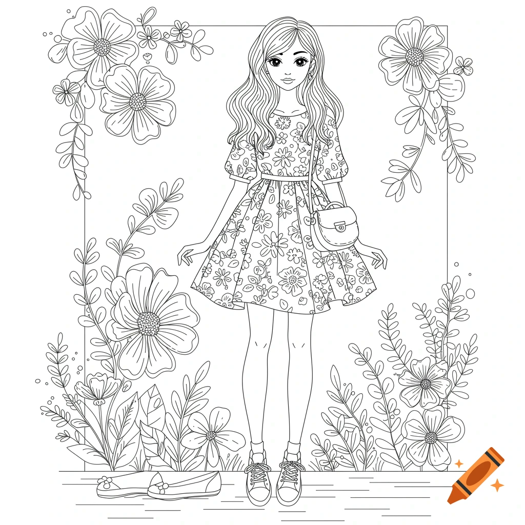A line art illustration for coloring of a young woman in a floral dress surrounded by flowers.