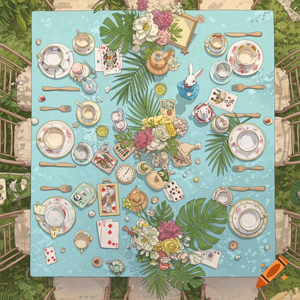 Top-down of an Alice in Wonderland and tropical themed tea party table setting with teacups, playing cards, and a white rabbit figurine.