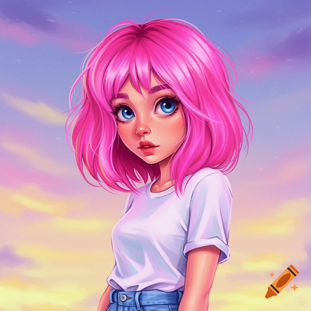 A young girl with pink hair, large blue eyes, white shirt, and jeans stands against a pastel sunset sky.