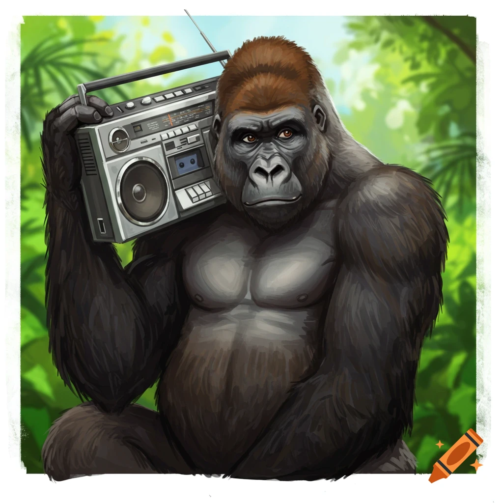 A gorilla holds a boombox over its shoulder in a jungle.