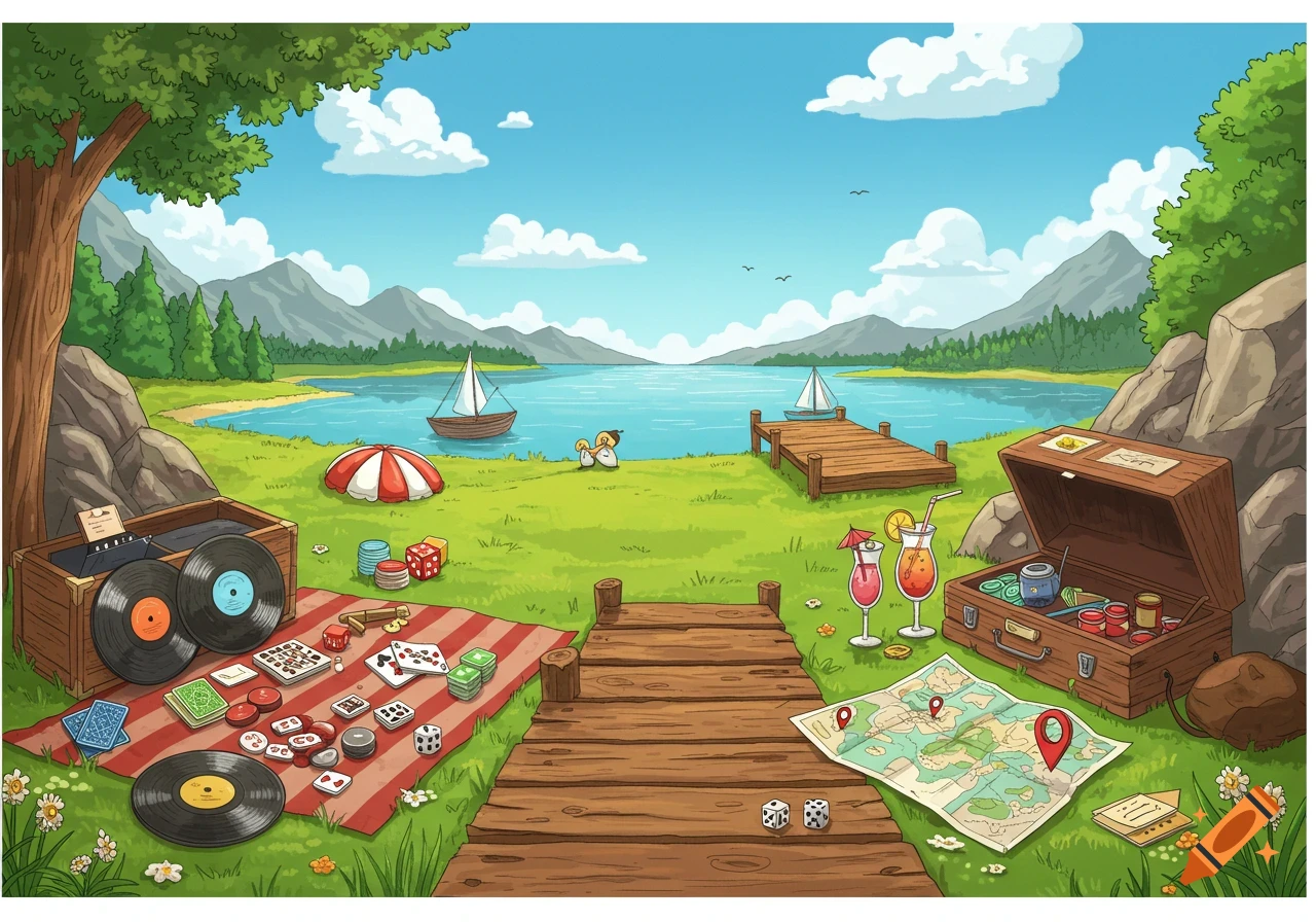 Cartoon picnic scene by a lake with mountains, records, card games, dice, maps, and cocktails.