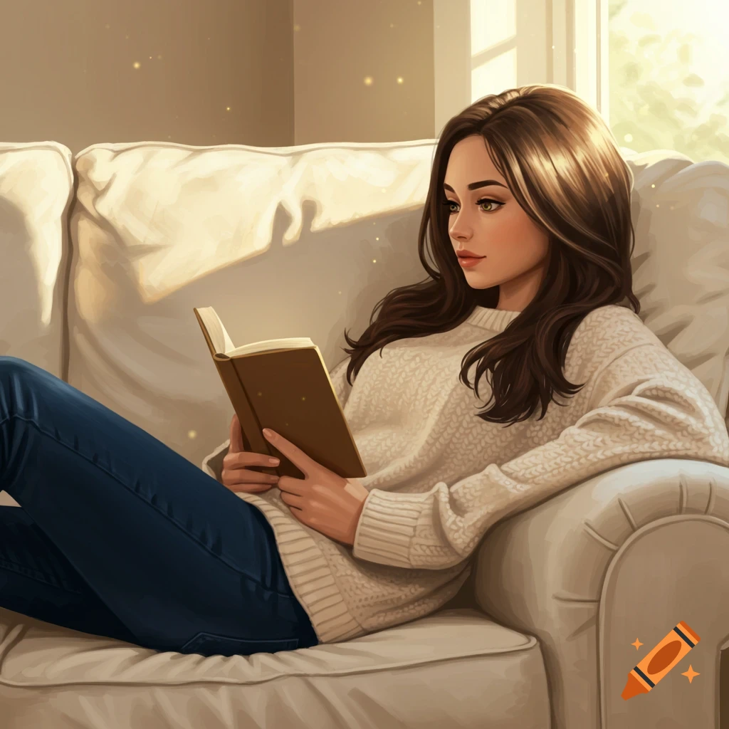 A woman reading a book on a couch by a window.