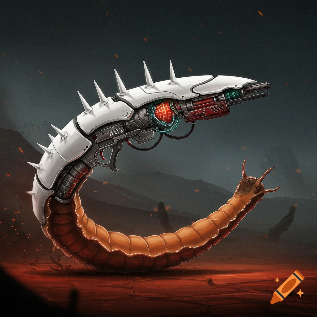 A creature weapon hybrid with a white spiky body and segmented tail is on a red landscape.