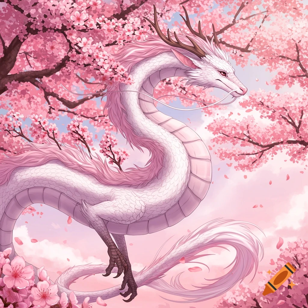 White dragon surrounded by pink cherry blossoms against a pink sky.