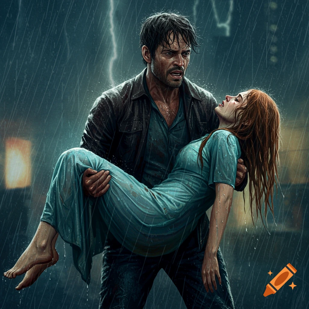 A man carrying a woman in a storm with lightning.