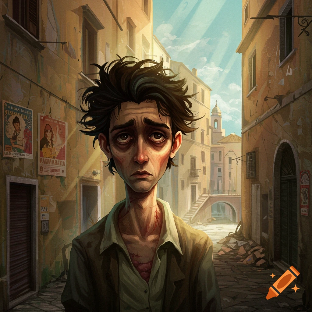 A gaunt man with messy hair stands in a sunlit Italian street.
