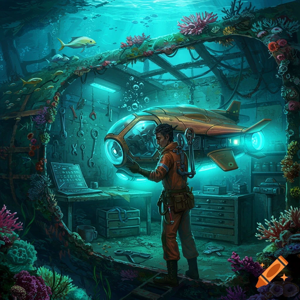 A mechanic works on a submersible in an underwater workshop.