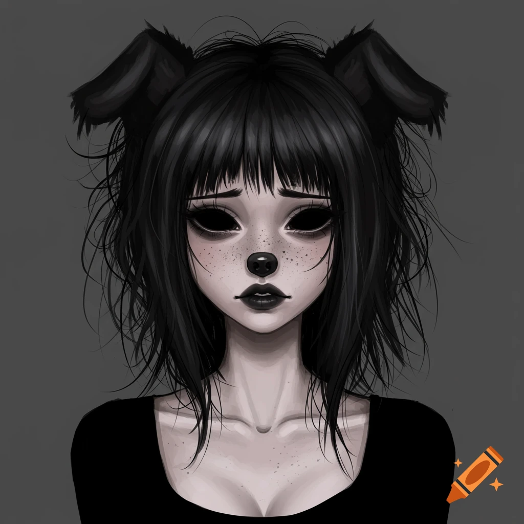 Stylized portrait of a figure with black hair, black dog ears, dark eyes, and dark lips, wearing a black top.