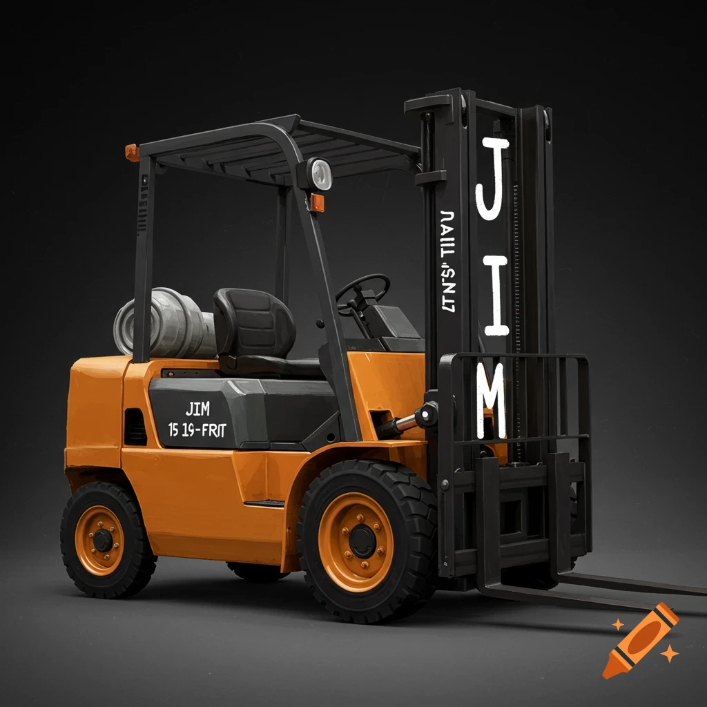 An orange forklift with the name Jim on the side and mast.