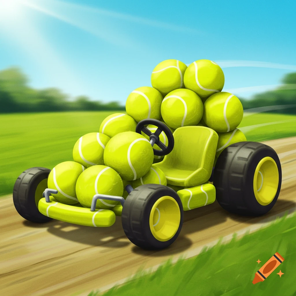 A go-kart made of tennis balls drives on a dirt track past a grassy field under a sunny sky.