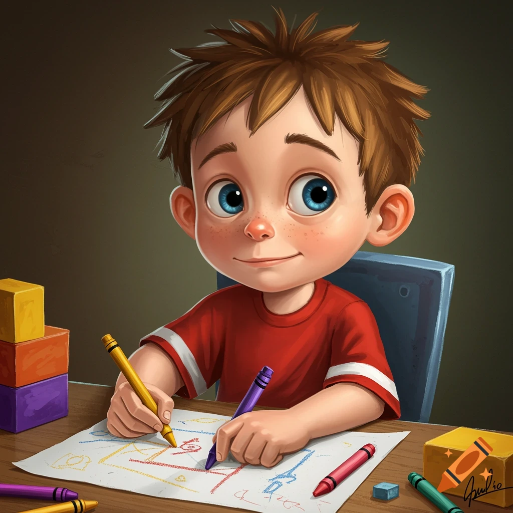 Cartoon illustration of a young boy drawing with crayons