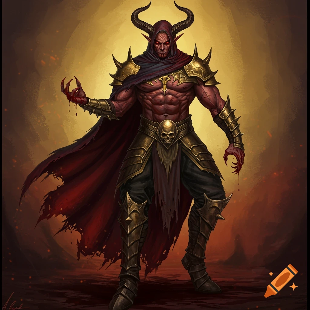 A demonic figure in gold armor and red cloak with blood on its hand.