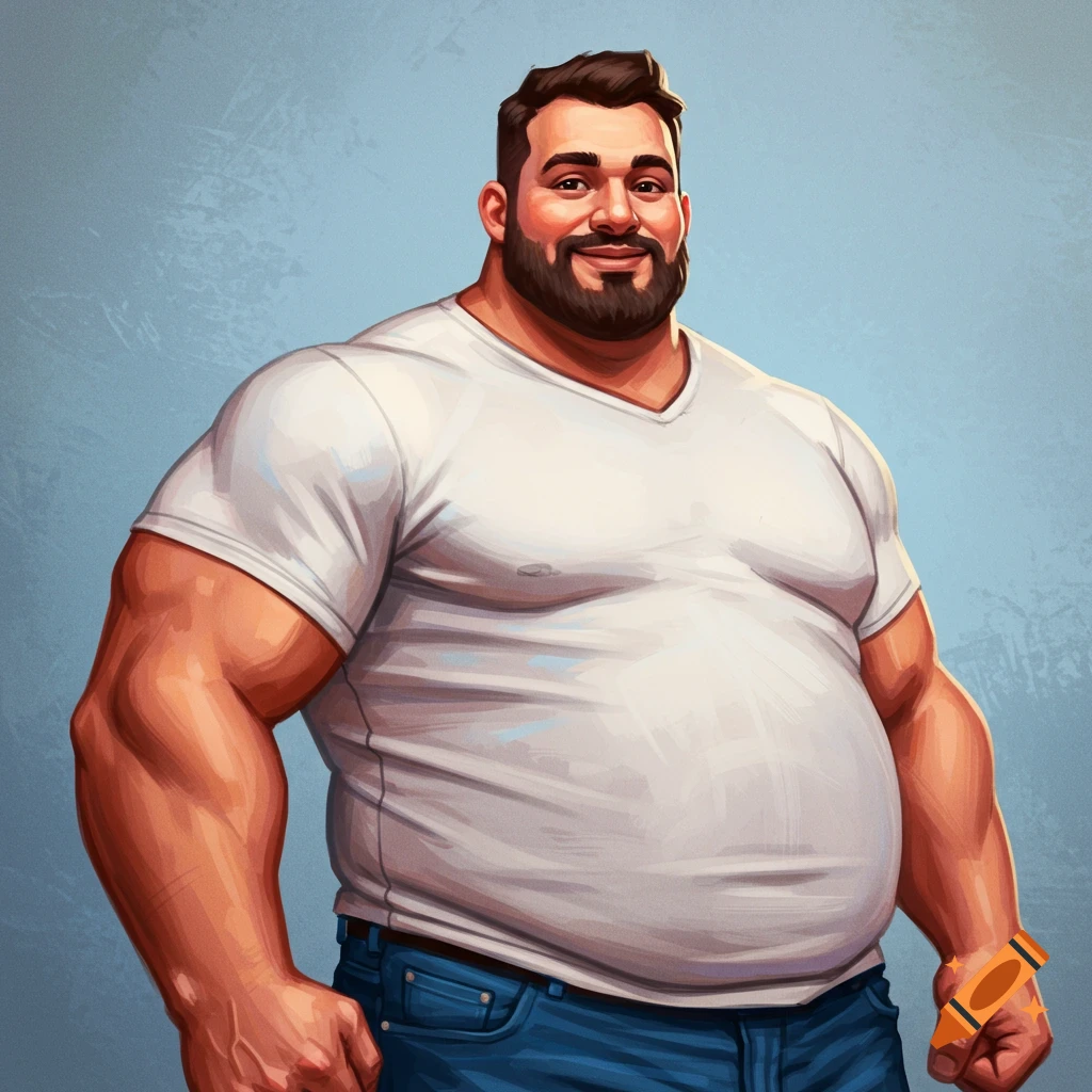 A smiling large man in a white t-shirt and jeans.