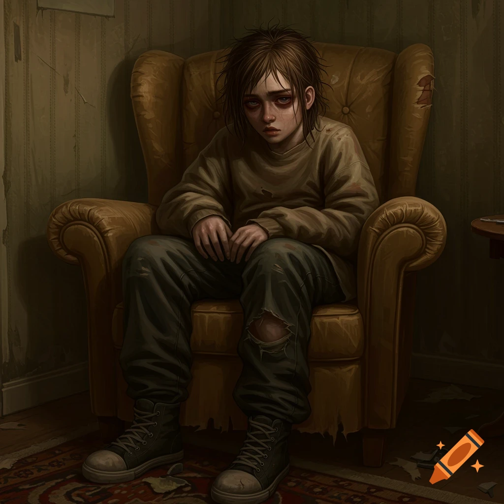 A sad young person sits in a worn armchair in a dimly lit room.