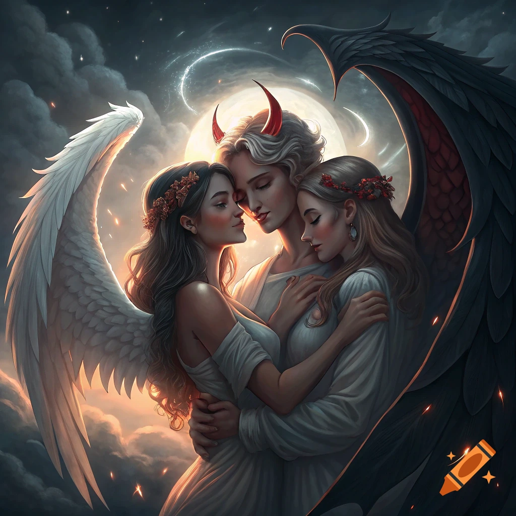 Fantasy illustration of angel embracing devil-like figures under a moonlit sky.