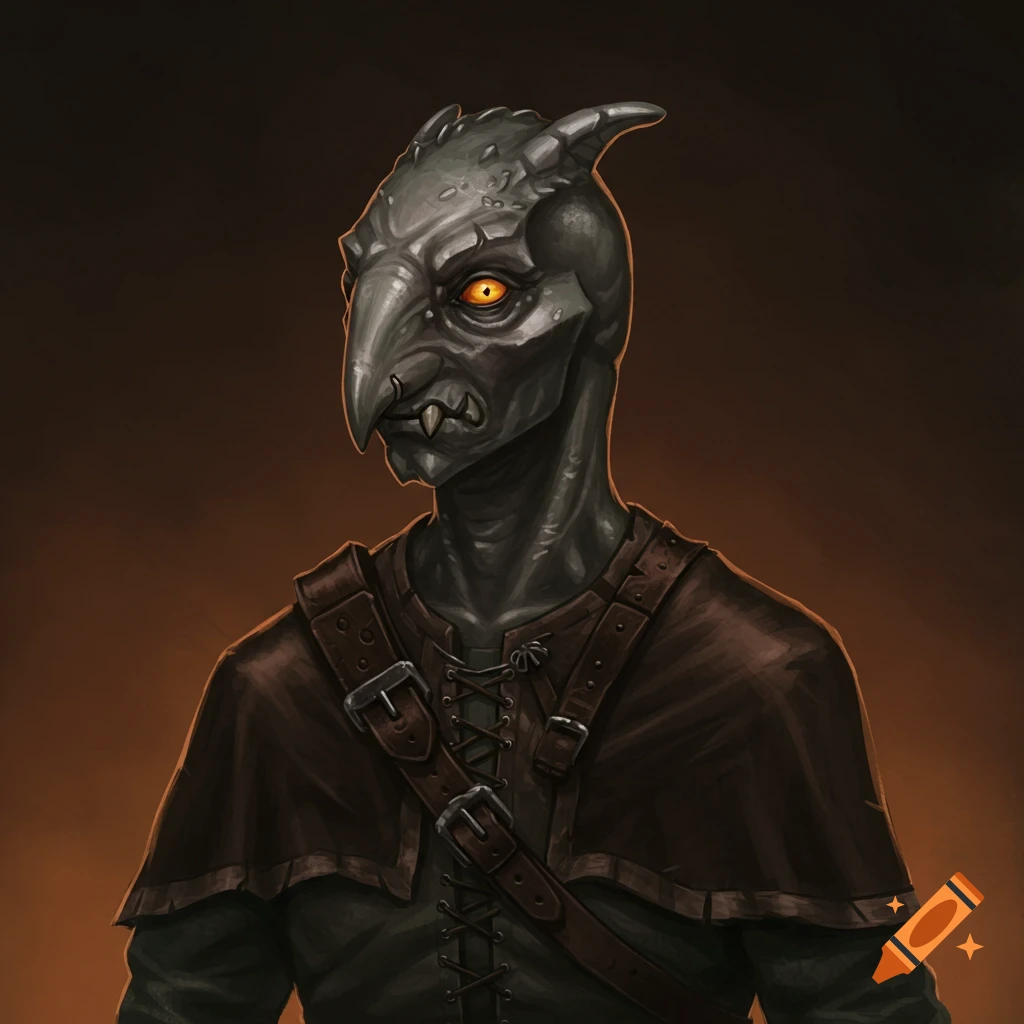 A dark fantasy creature with a beaked nose and yellow eyes, wearing leather armor.