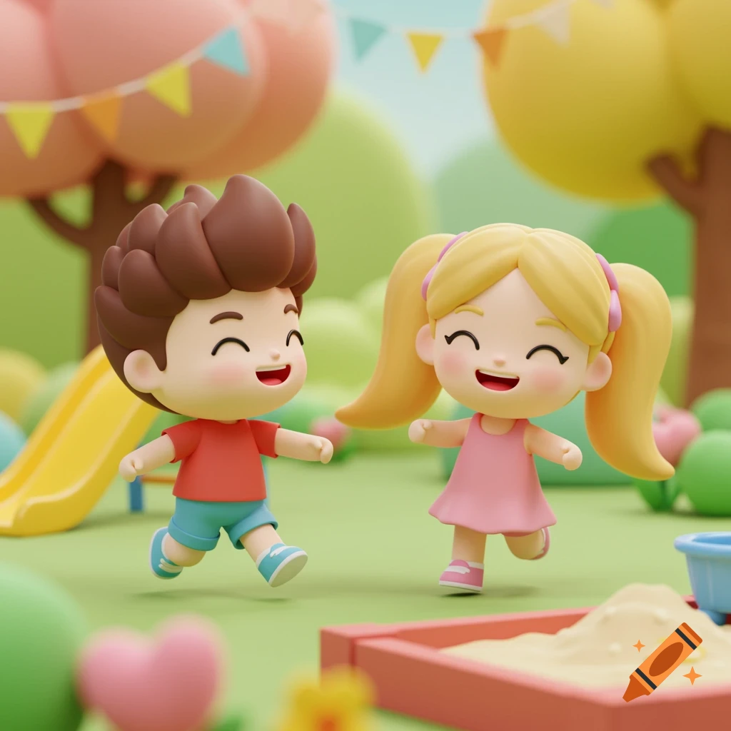 Two smiling chibi-style 3D cartoon children run in a bright park with a slide and sandbox.