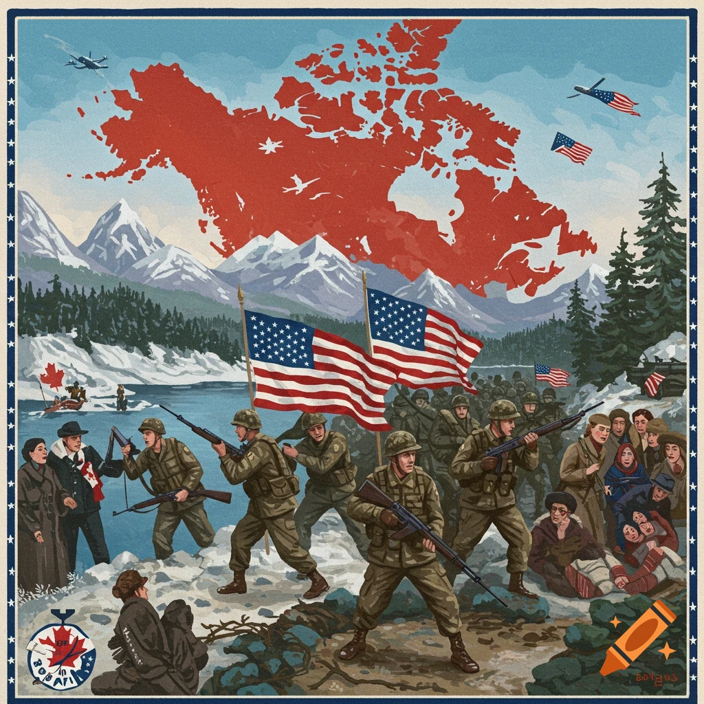 A propaganda style image depicts American soldiers advancing with flags, civilians, and a red map of Canada behind them in a snowy landscape.