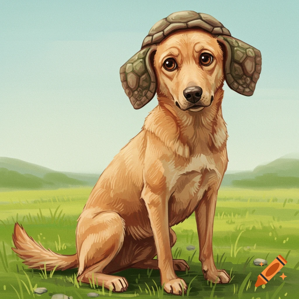 A light brown dog wearing turtle shells on its head and as floppy ears, sitting in a grassy field.