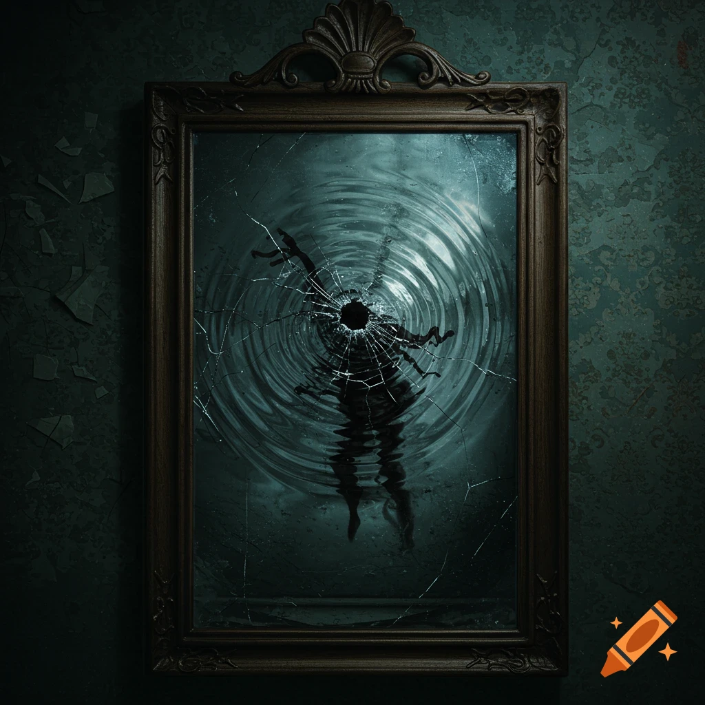 A cracked mirror reflects a shadowy figure with ripples, against a dark wall.