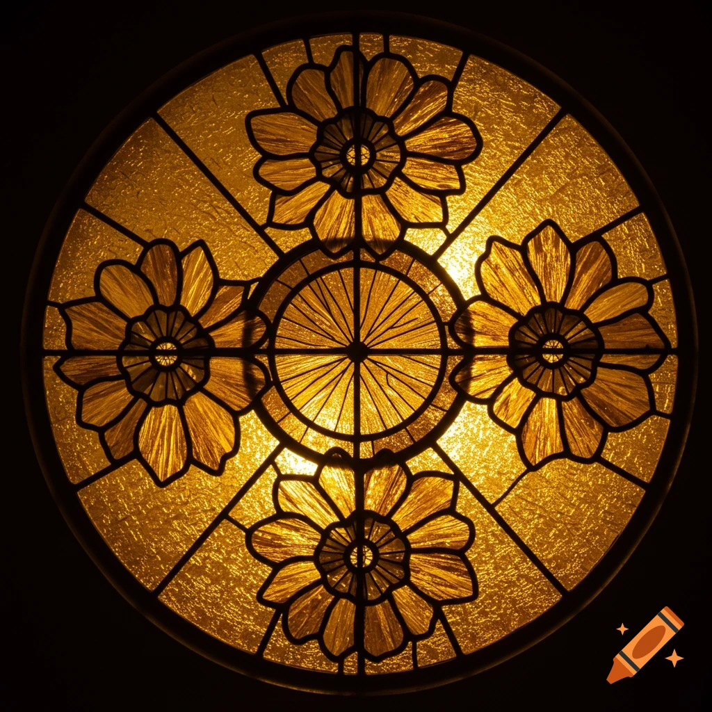 A round stained glass window with golden floral patterns illuminated by light.
