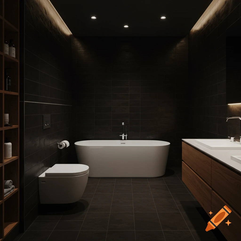 A modern bathroom with dark tiles, a white freestanding tub, a white toilet, and a dark wood vanity cabinet