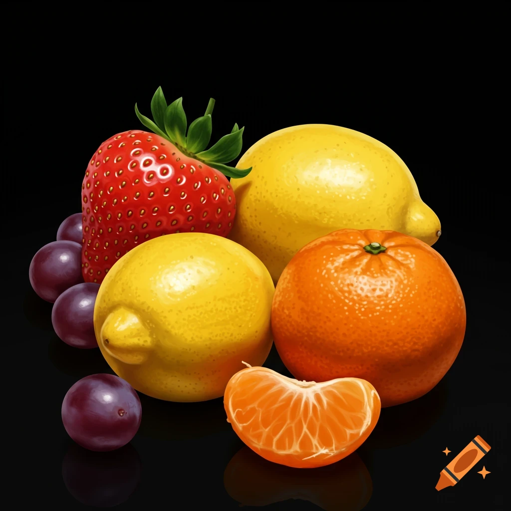 A still life with lemons, a strawberry, grapes, and an orange on a black background.