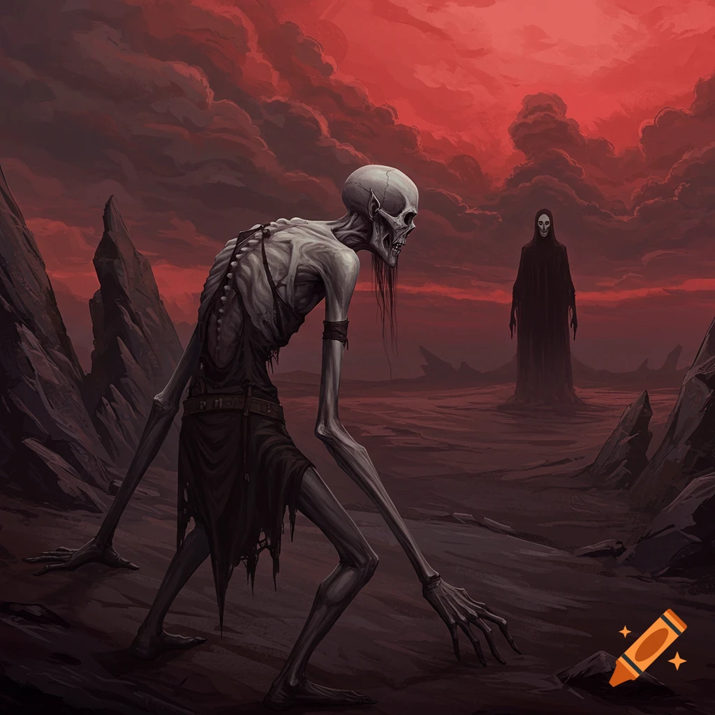 A skeletal figure in a desolate red landscape looks towards another figure in the distance, in a dark surreal style.