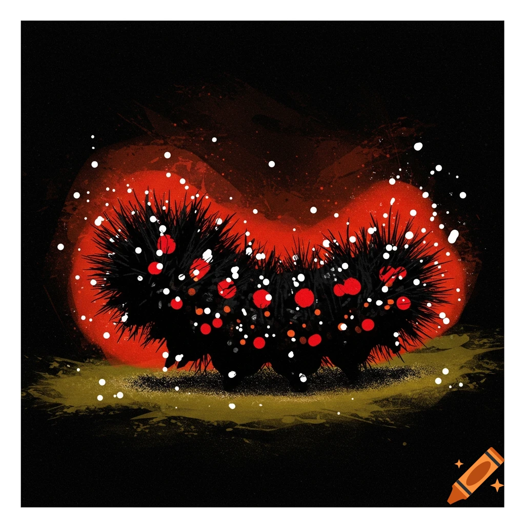 Abstract image of a fuzzy black caterpillar with red and white dots against a red and black background.